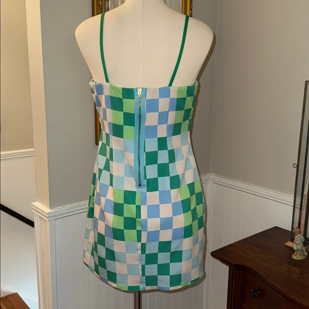 Silka Green and Blue Checkered Mini Dress. Medium. - Picture 6 of 11